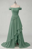 Load image into Gallery viewer, A Line Ruched Off the Shoulder Butter Yellow Ruffled Prom Dress with Slit