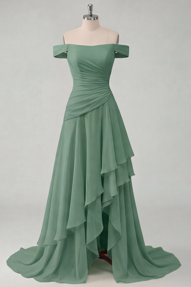 Load image into Gallery viewer, A Line Ruched Off the Shoulder Butter Yellow Ruffled Prom Dress with Slit