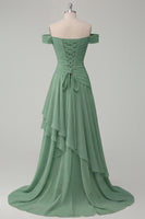 Load image into Gallery viewer, A Line Ruched Off the Shoulder Butter Yellow Ruffled Prom Dress with Slit