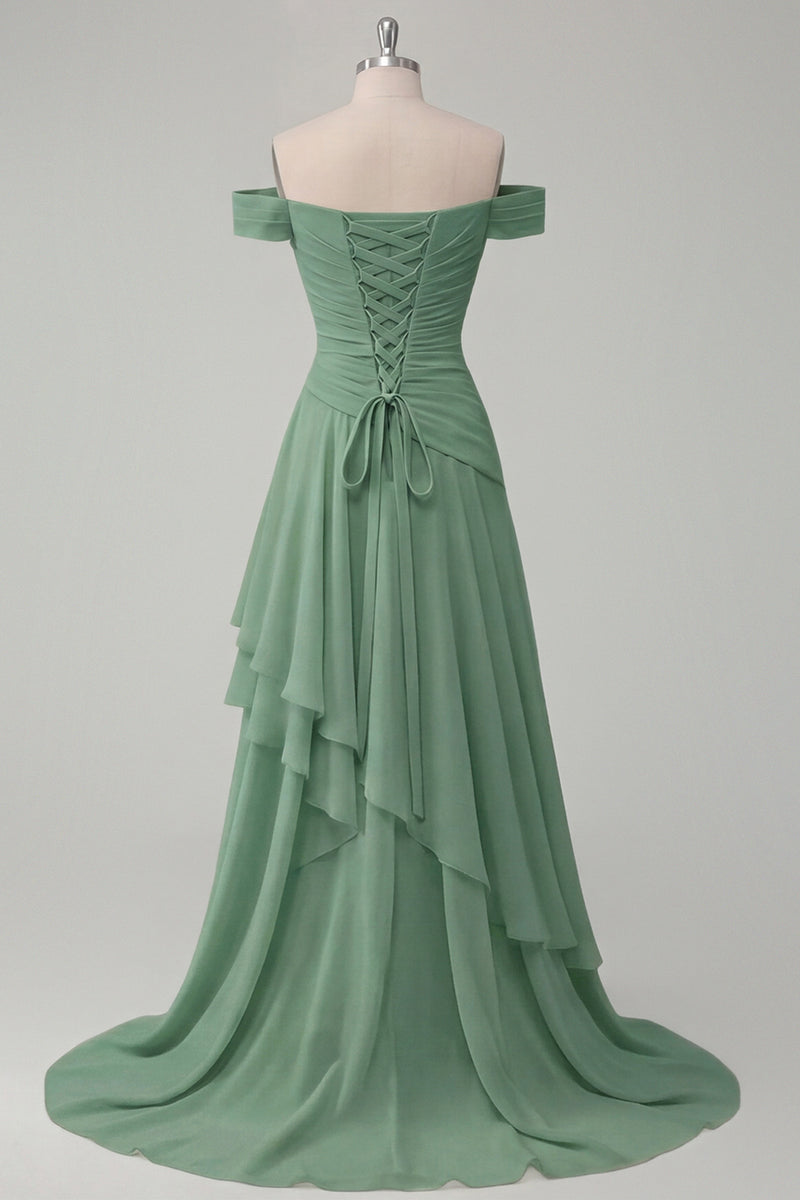 Load image into Gallery viewer, A Line Ruched Off the Shoulder Butter Yellow Ruffled Prom Dress with Slit