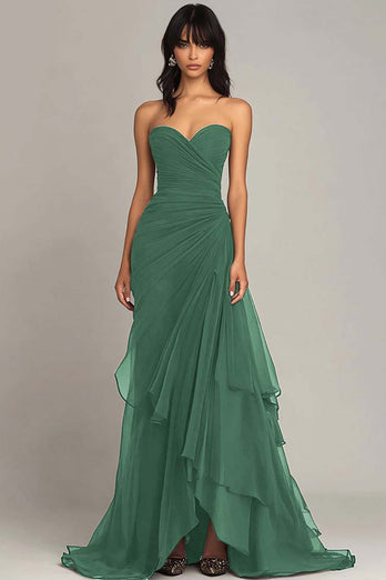 Women Eucalyptus Chiffon Formal Dress Sheath Sweetheart Tiered Wedding Guest Dress Strapless Ruched Long Black Tie Dress