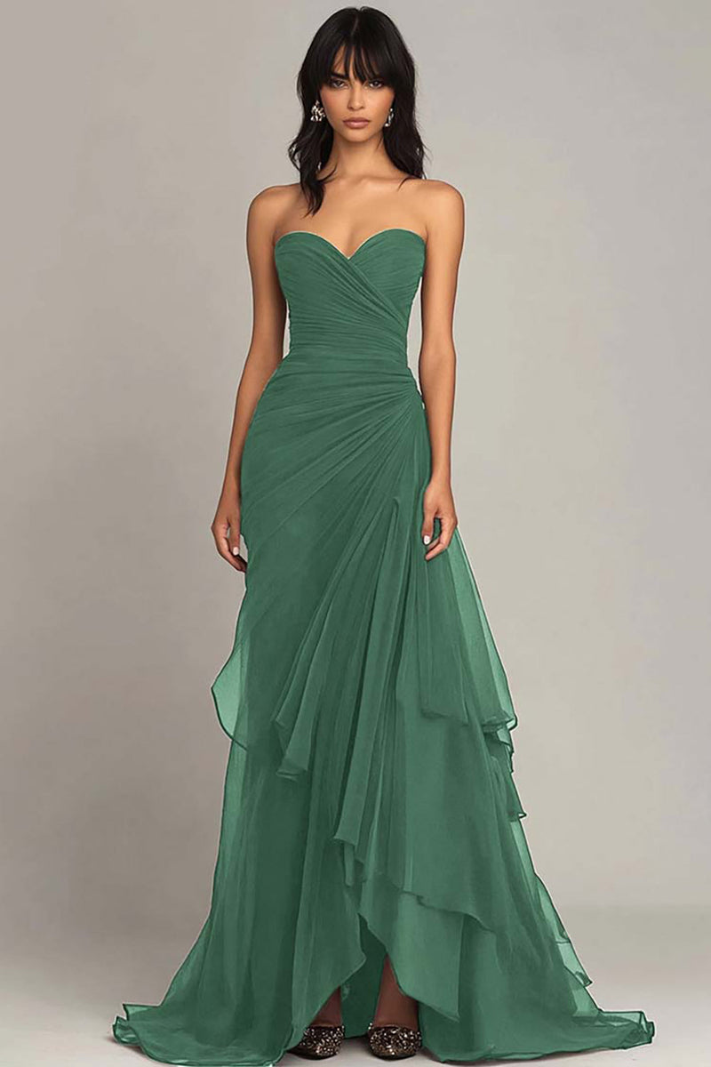 Load image into Gallery viewer, Women Eucalyptus Chiffon Formal Dress Sheath Sweetheart Tiered Wedding Guest Dress Strapless Ruched Long Black Tie Dress