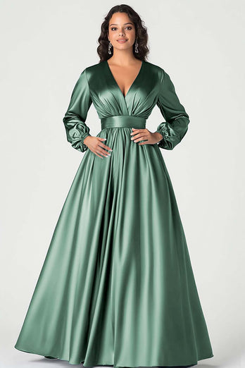 Dusty Sage Long Sleeves Satin V-Neck Mother of the Bride Dress