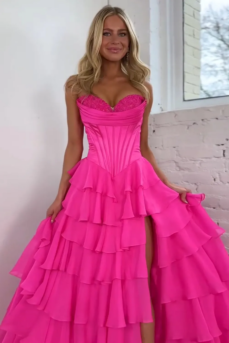 Load image into Gallery viewer, Strapless A Line Blue Tiered Corset Chiffon Long Prom Dress