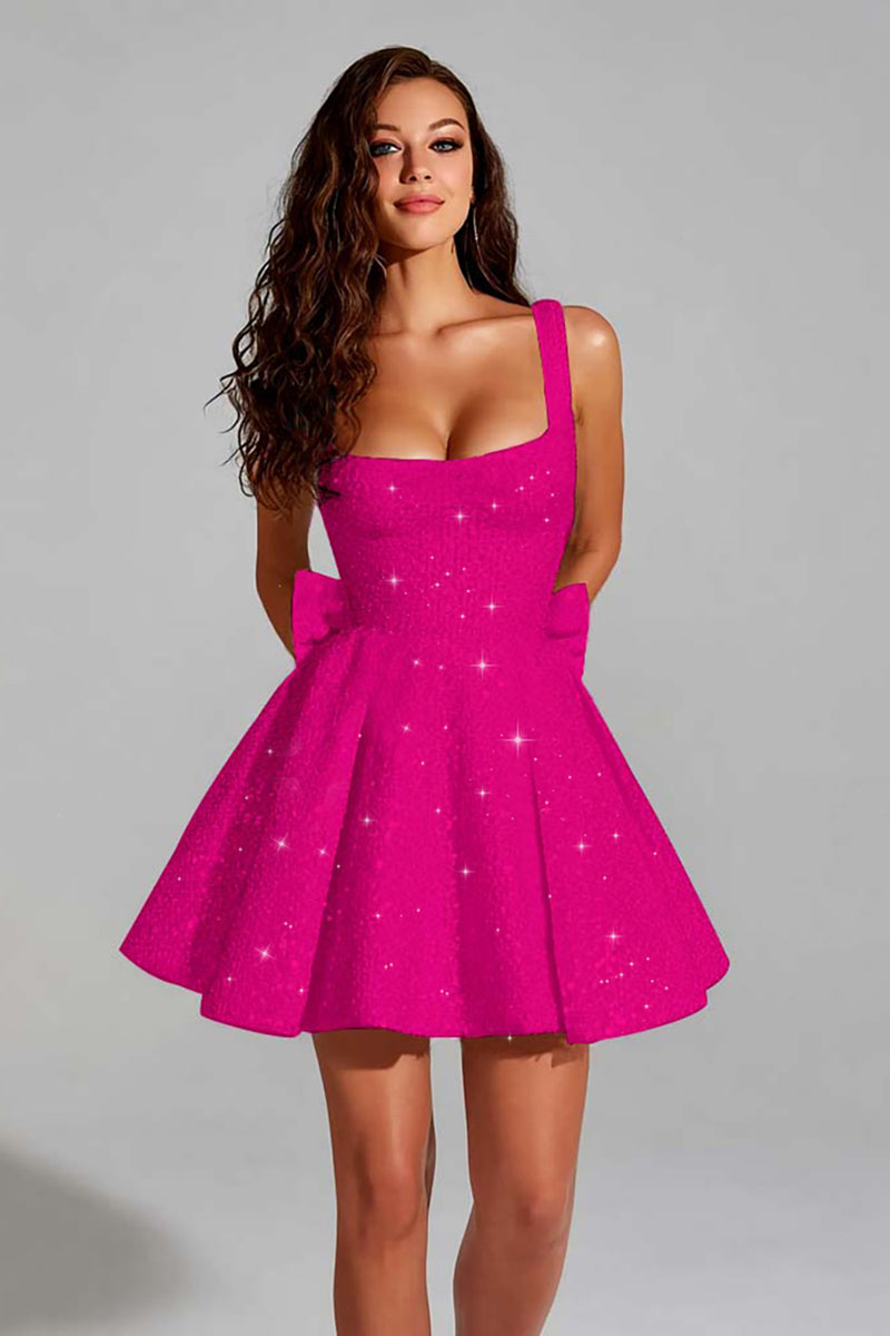 Load image into Gallery viewer, Sparkly Black Square Neck A Line Short Prom Dress with Bow