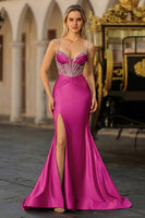 Load image into Gallery viewer, Plus Size Sparkly Dusty Blue Satin Beaded Long Corset Prom Dress with Slit