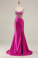 Load image into Gallery viewer, Sparkly Pink Mermaid Long Corset Prom Dress with Slit