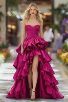 Load image into Gallery viewer, Dark Blue Ruffled Strapless High Low Prom Dress