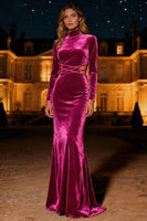 Load image into Gallery viewer, Purple Mermaid High Neck Long Velvet Holiday Party Dress