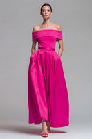 Load image into Gallery viewer, Fuchsia and Red Long Off the Shoulder A Line Patchwork Formal Dress