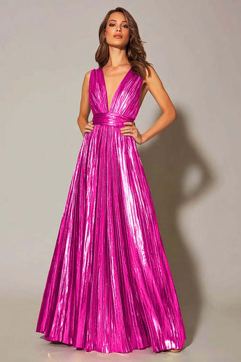 Sparkly Gold Metallic A-Line Pleated V-Neck Long Formal Dress