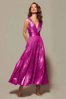 Load image into Gallery viewer, Sparkly Gold Metallic V-Neck A-Line Pleated Long Formal Dress