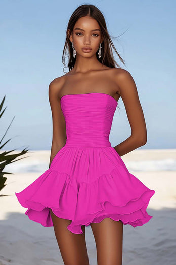 Yellow Chiffon Ruched Mini Party Dress with Ruffles