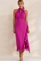 Load image into Gallery viewer, Navy Chiffon Ruffled Halter Ankle Length Work Dress with Slit