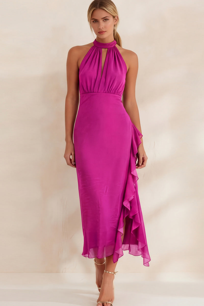 Load image into Gallery viewer, Navy Chiffon Ruffled Halter Ankle Length Work Dress with Slit