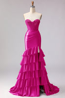 Load image into Gallery viewer, Red Satin Ruffled Mermaid Long Corset Prom Dress with Slit