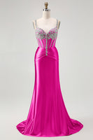 Load image into Gallery viewer, Sparkly Blush Mermaid Spaghetti Straps Satin Long Corset Prom Dress with Beading