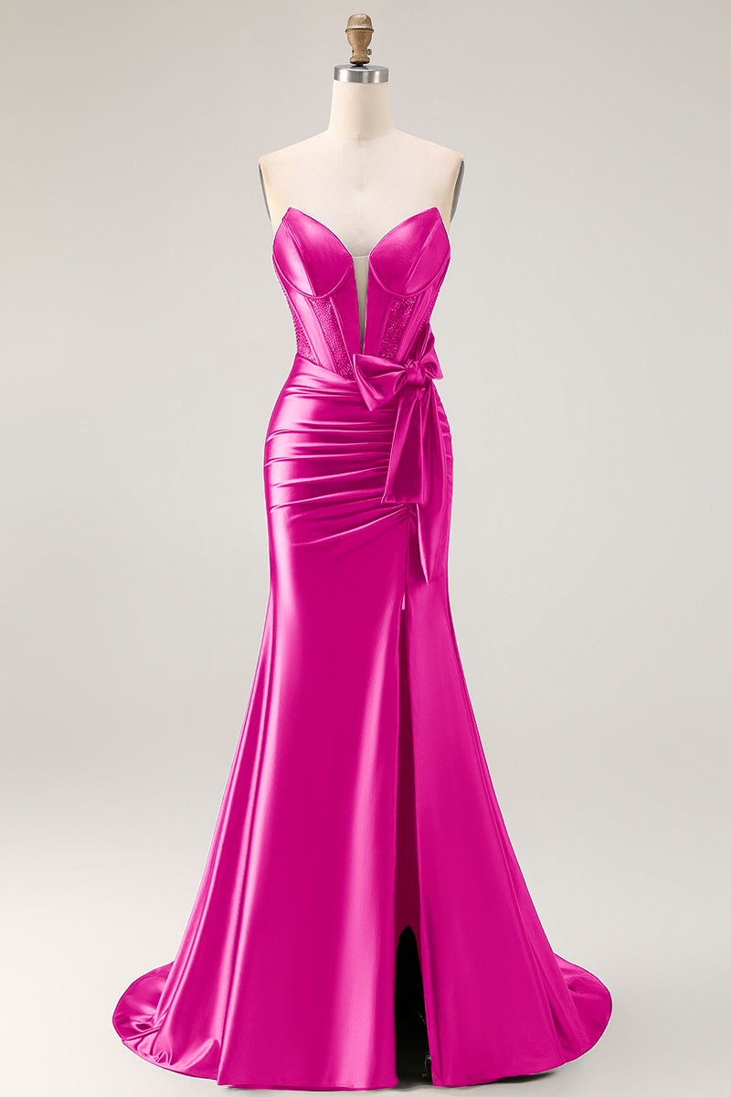 Load image into Gallery viewer, Navy Mermaid Strapless Corset Maxi Prom Dress with Slit