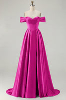 Load image into Gallery viewer, Blue A Line Off the Shoulder Satin Long Prom Dress with Slit