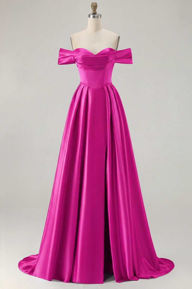Load image into Gallery viewer, Blue A Line Off the Shoulder Satin Long Prom Dress with Slit