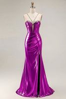 Load image into Gallery viewer, Sparkly Golden Metallic Mermaid Long Corset Prom Dress with Slit