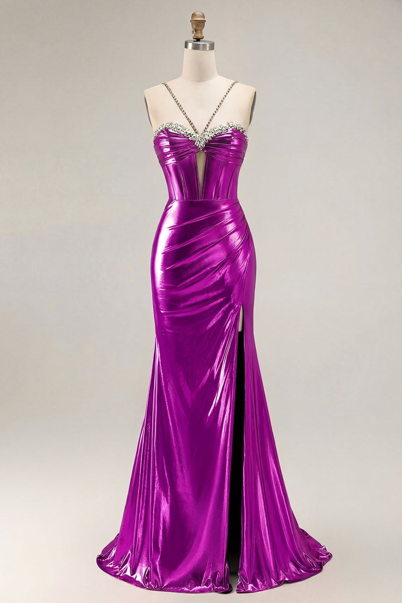 Load image into Gallery viewer, Sparkly Golden Metallic Mermaid Long Corset Prom Dress with Slit