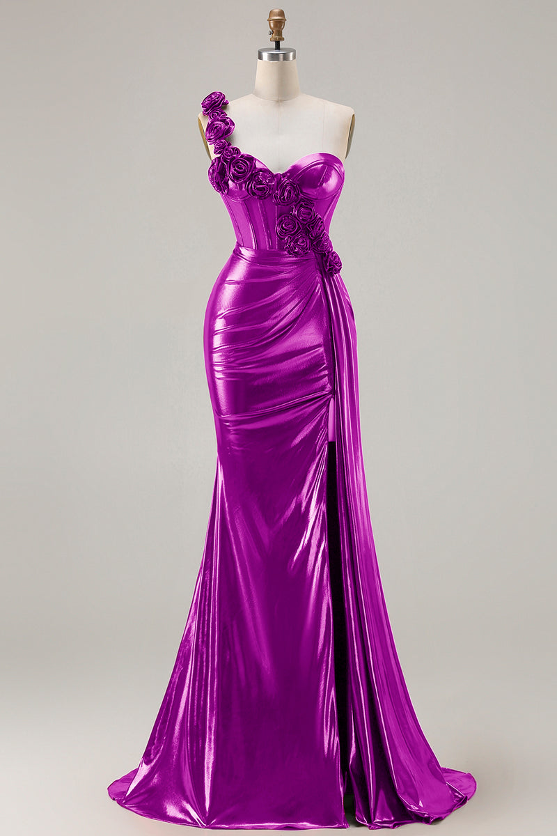 Load image into Gallery viewer, Sparkly Red Ruched Metallic Long Corset Prom Dress with 3D Flowers