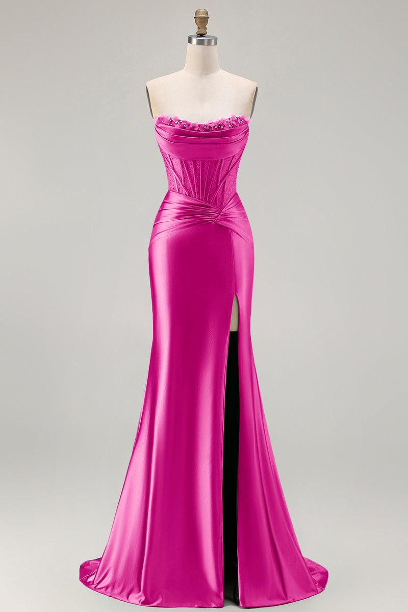Load image into Gallery viewer, Dark Green Strapless Satin Mermaid Long Corset Prom Dress with Slit