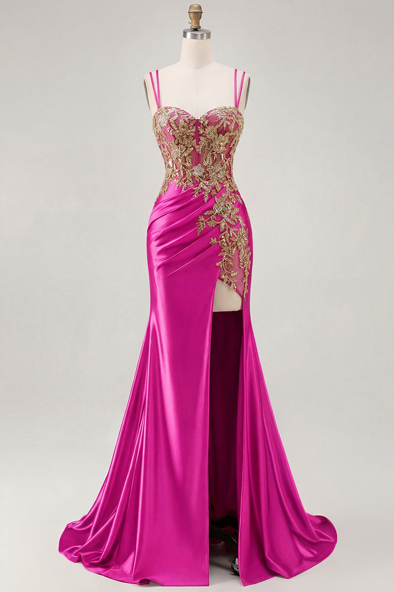 Load image into Gallery viewer, Sparkly Black Satin Floral Appliqued Long Corset Prom Dress with Slit