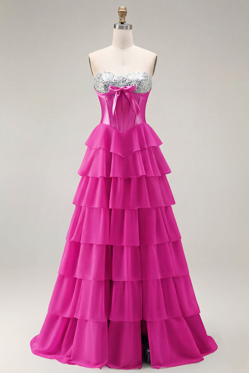 Load image into Gallery viewer, Pink Ruffled Sequin Long Corset Prom Dress with Bow