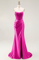 Load image into Gallery viewer, Sparkly Blush Strapless Mermaid Ruched Long Prom Dress with Slit