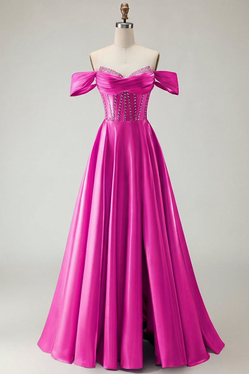Load image into Gallery viewer, Sparkly Purple A Line Beaded Satin Long Corset Prom Dress with Slit