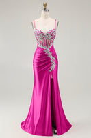 Load image into Gallery viewer, Sparkly Grey Pink Mermaid Satin Long Corset Prom Dress with Slit