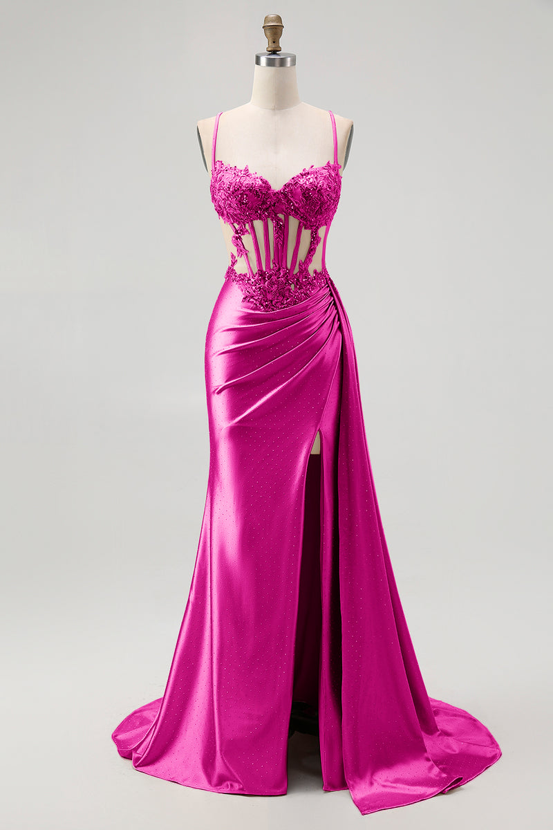 Load image into Gallery viewer, Sparkly Champagne Mermaid Satin Spaghetti Straps Long Prom Dress with Beading