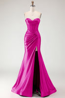 Load image into Gallery viewer, Burgundy Mermaid Satin Long Corset Prom Dress with Slit