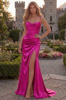 Load image into Gallery viewer, Burgundy Sheath Long Spaghetti Straps Ruched Evening Dress with Slit