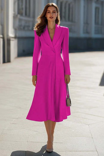 Sky Blue Satin Shawl Lapel A Line Midi Blazer Dress with Sleeves