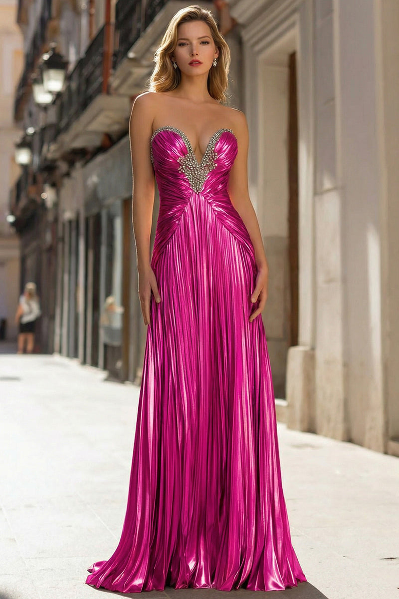 Load image into Gallery viewer, Sparkly Gold Pleated Strapless Metallic Long Prom Dress