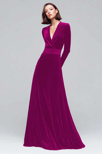 Dark Green A Line V-Neck Velvet Long Sleeves Holiday Party Dress