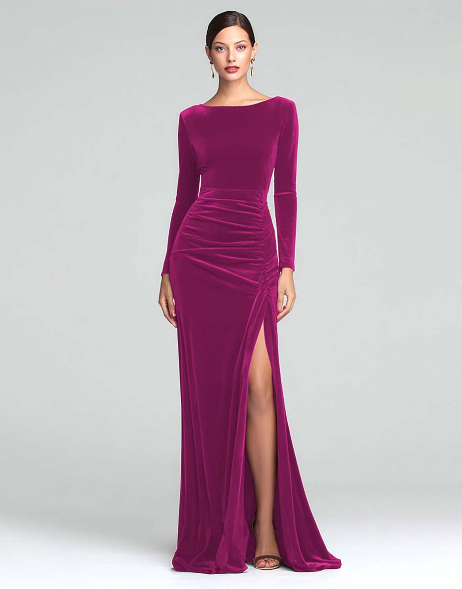 Load image into Gallery viewer, Burgundy Boat Neck Ruched Velvet Long Sleeves Holiday Party Dress