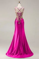 Load image into Gallery viewer, Sparkly Black Satin Floral Appliqued Long Corset Prom Dress with Slit