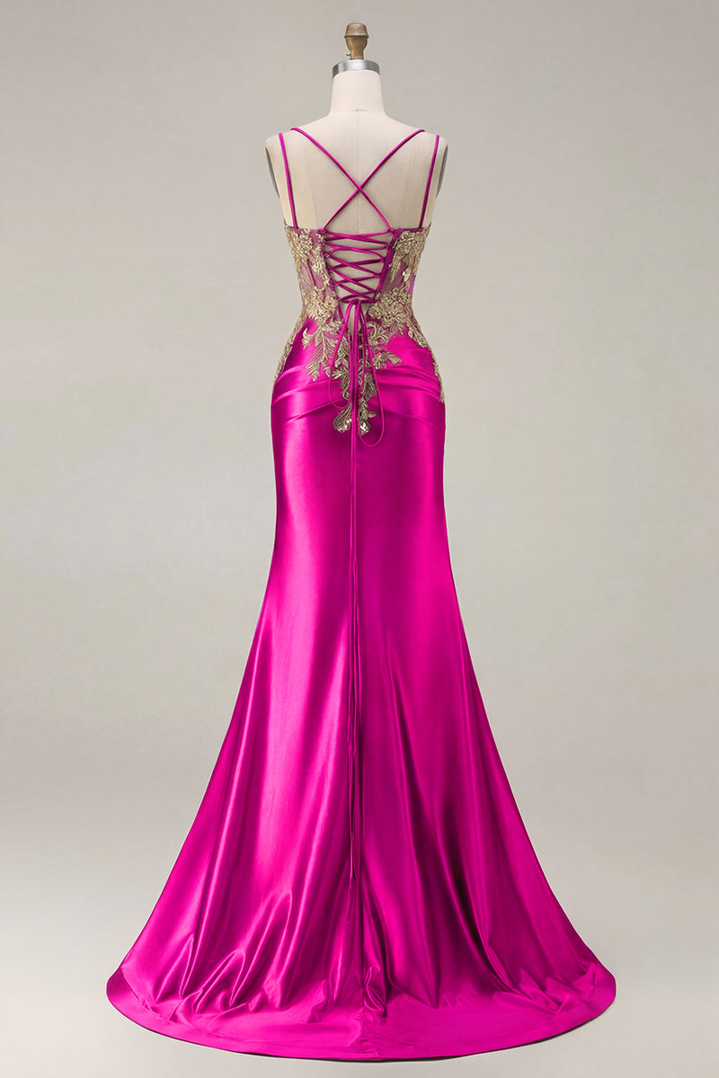 Load image into Gallery viewer, Sparkly Black Satin Floral Appliqued Long Corset Prom Dress with Slit