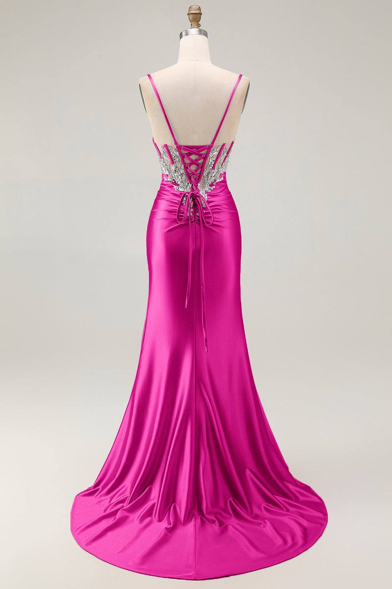 Load image into Gallery viewer, Sparkly Grey Pink Mermaid Satin Long Corset Prom Dress with Slit