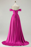 Load image into Gallery viewer, Blue A Line Off the Shoulder Satin Long Prom Dress with Slit