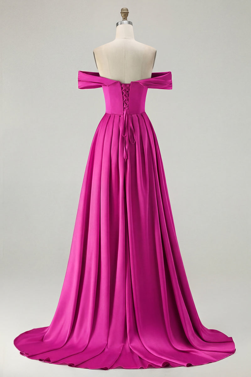 Load image into Gallery viewer, Blue A Line Off the Shoulder Satin Long Prom Dress with Slit