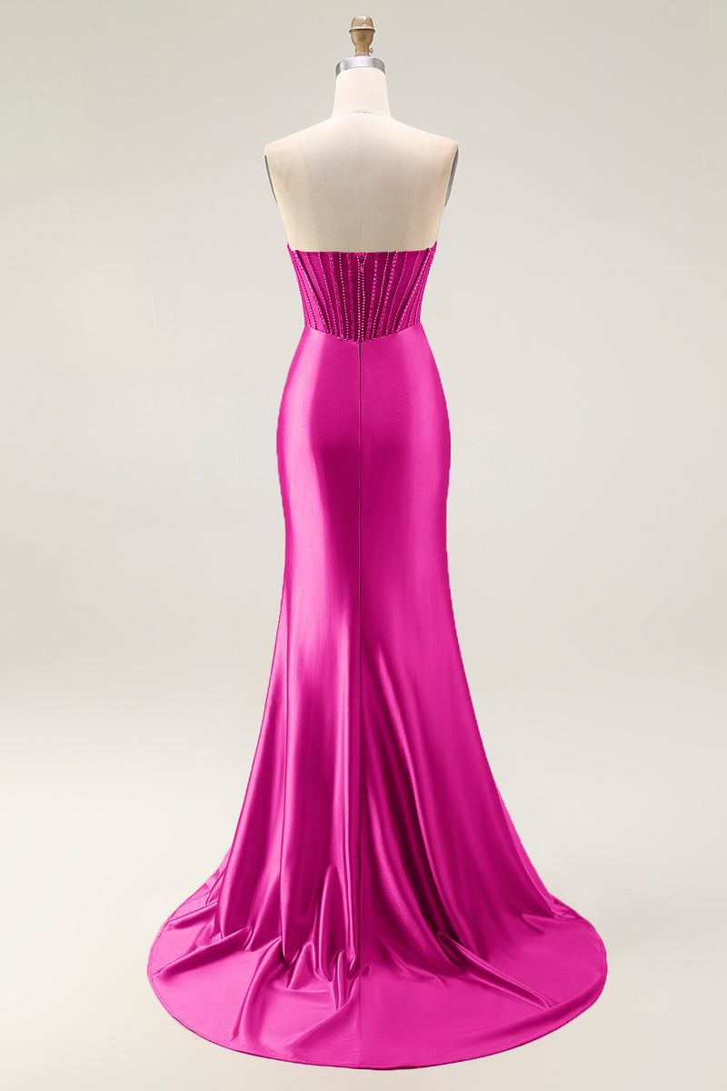Load image into Gallery viewer, Sparkly Blush Strapless Mermaid Ruched Long Prom Dress with Slit