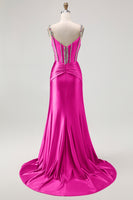 Load image into Gallery viewer, Sparkly Blush Mermaid Spaghetti Straps Satin Long Corset Prom Dress with Beading
