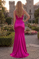 Load image into Gallery viewer, Burgundy Sheath Long Spaghetti Straps Ruched Evening Dress with Slit