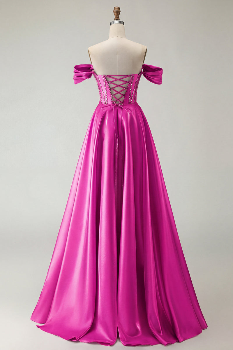 Load image into Gallery viewer, Sparkly Purple A Line Beaded Satin Long Corset Prom Dress with Slit