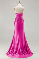 Load image into Gallery viewer, Dark Green Strapless Satin Mermaid Long Corset Prom Dress with Slit